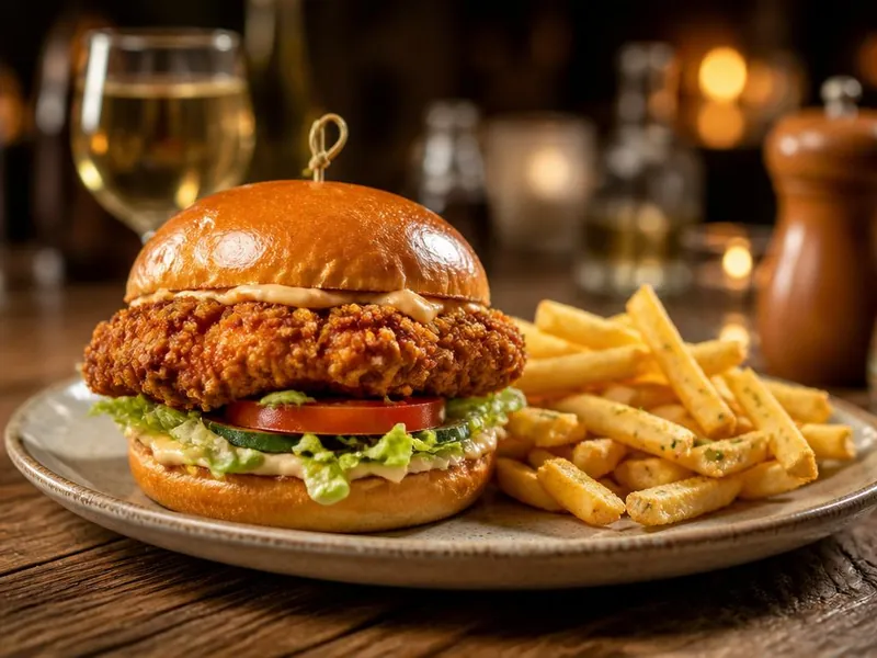 Chicken Burger mit Pommes auf einem rustikalen Teller