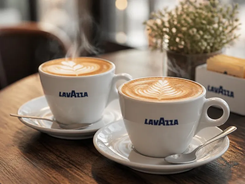 Zwei Lavazza-Tassen mit Cappuccino und Latte-Art